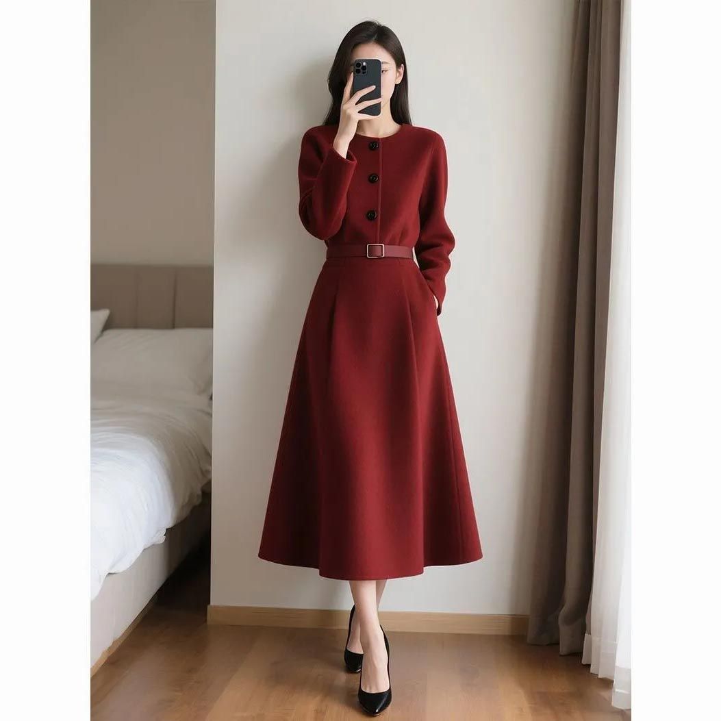 Women'S Red Formal Wear - Gaun Lengan Panjang Berpinggang Tinggi dengan