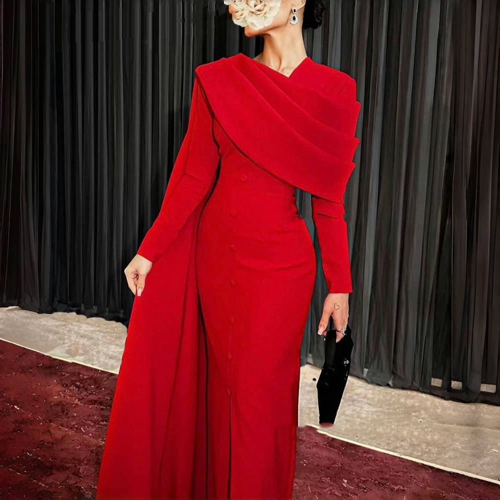 Gaun Formal Merah Elegan Gaun  - Women'S Red Formal Wear ulasan dan harga